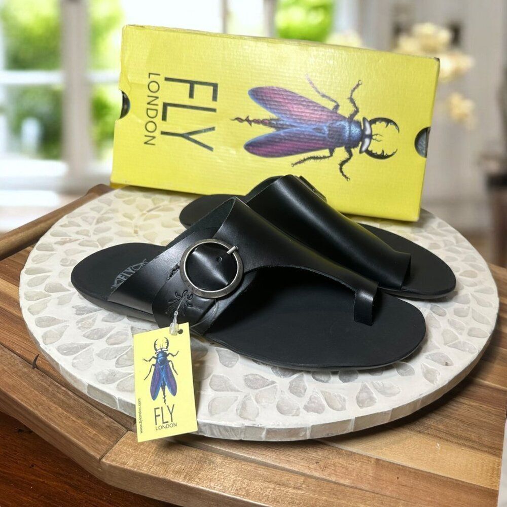 Fly London $160 Mica Black Leather Slide Sandals Women’s EU 39 US 8 Slip On